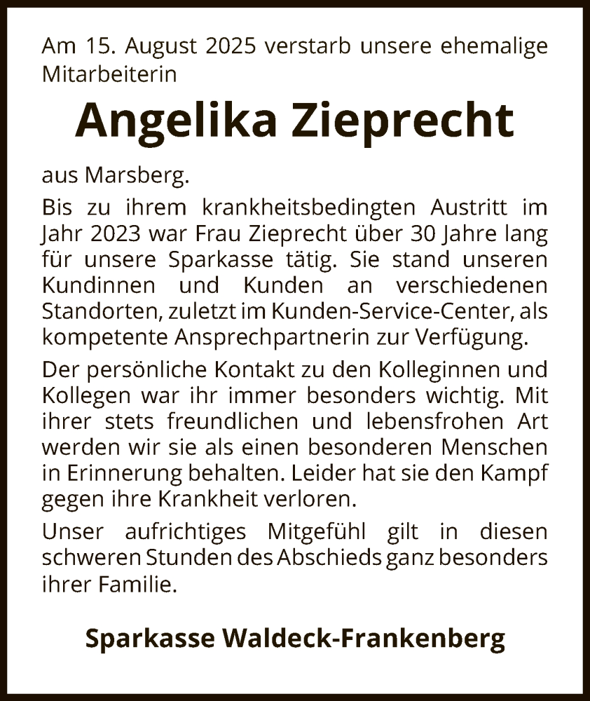  Traueranzeige für Angelika Zieprecht vom 23.08.2025 aus WLZ