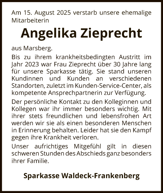 Traueranzeige von Angelika Zieprecht von WLZ