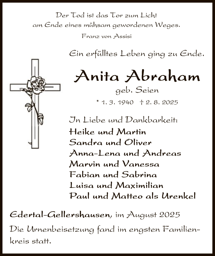  Traueranzeige für Anita Abraham vom 23.08.2025 aus WLZ