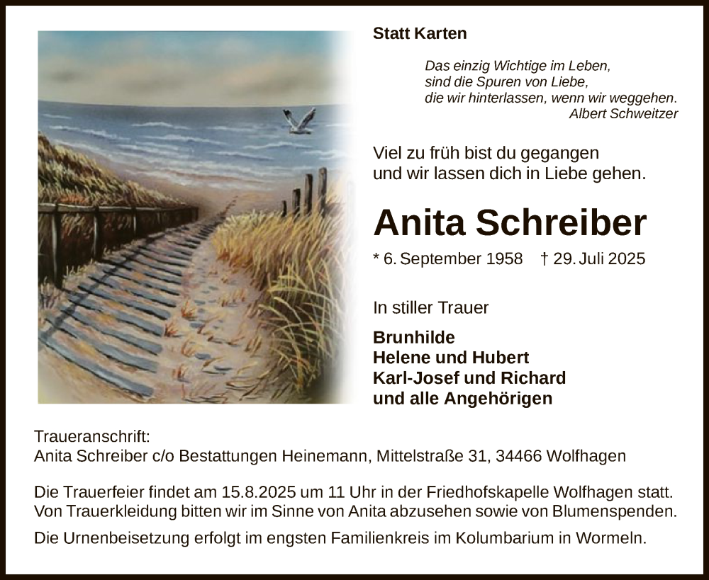  Traueranzeige für Anita Schreiber vom 09.08.2025 aus HNAWLZ