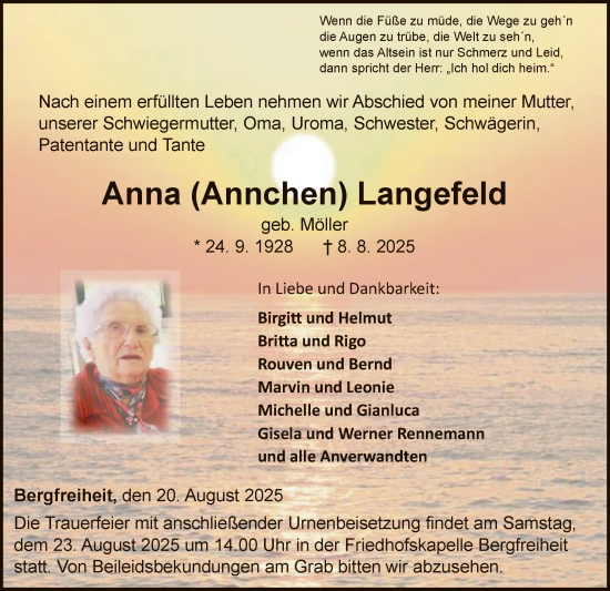 Traueranzeige von Anna Langefeld von WLZHNA