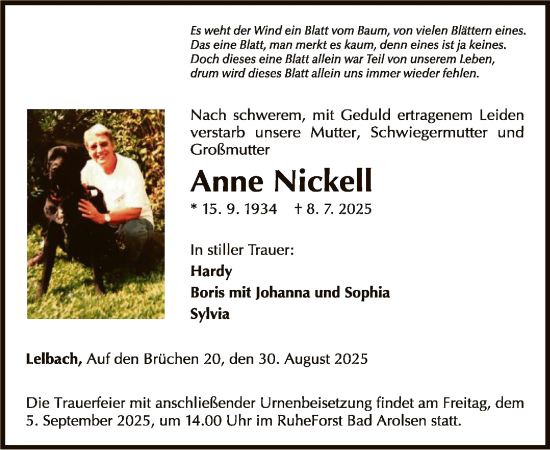 Traueranzeige von Anne Nickell von WLZ
