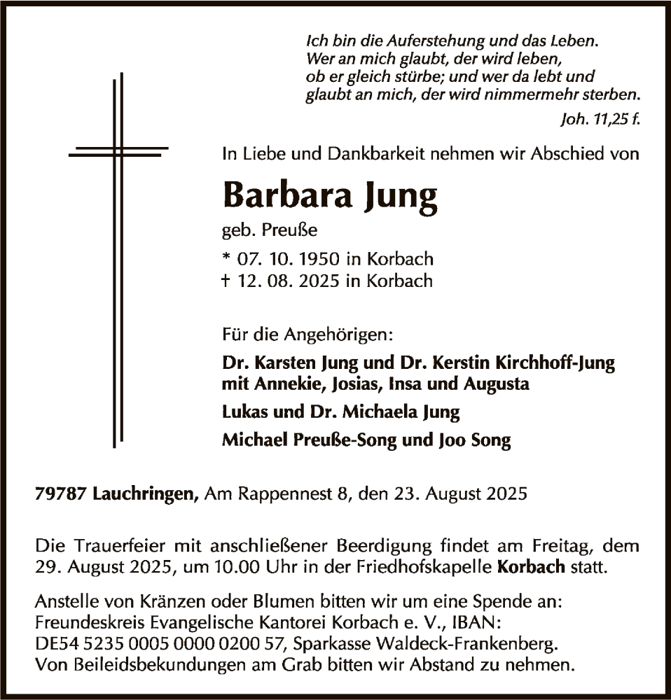  Traueranzeige für Barbara Jung vom 23.08.2025 aus WLZ