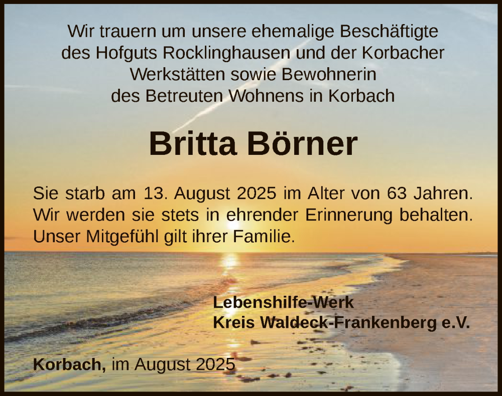  Traueranzeige für Britta Börner vom 23.08.2025 aus WLZ