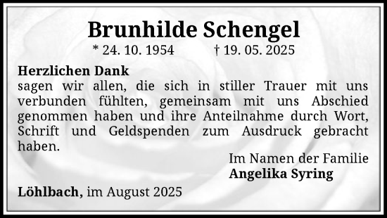 Traueranzeige von Brunhilde Schengel von WLZHNA
