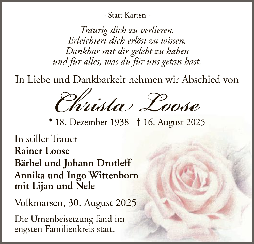  Traueranzeige für Christa Loose vom 30.08.2025 aus WLZ