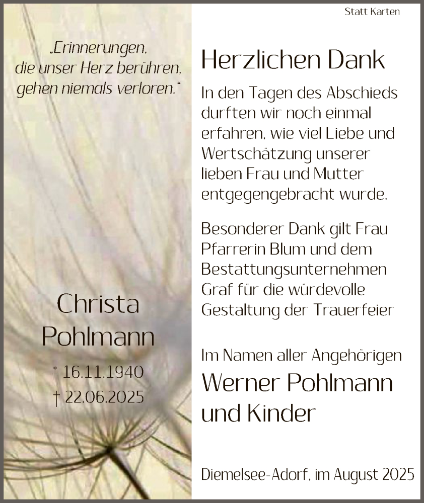  Traueranzeige für Christa Pohlmann vom 02.08.2025 aus WLZ