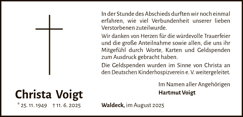 Traueranzeige für Christa Voigt vom 09.08.2025 aus WLZ