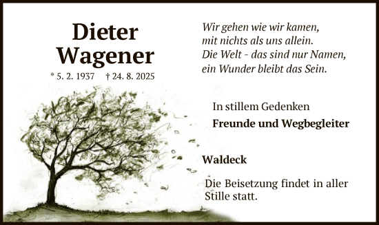 Traueranzeige von Dieter Wagener von WLZ
