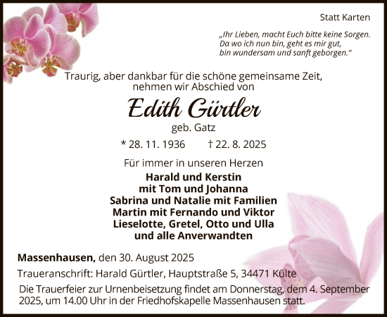 Traueranzeige von Edith Gürtler von WLZ