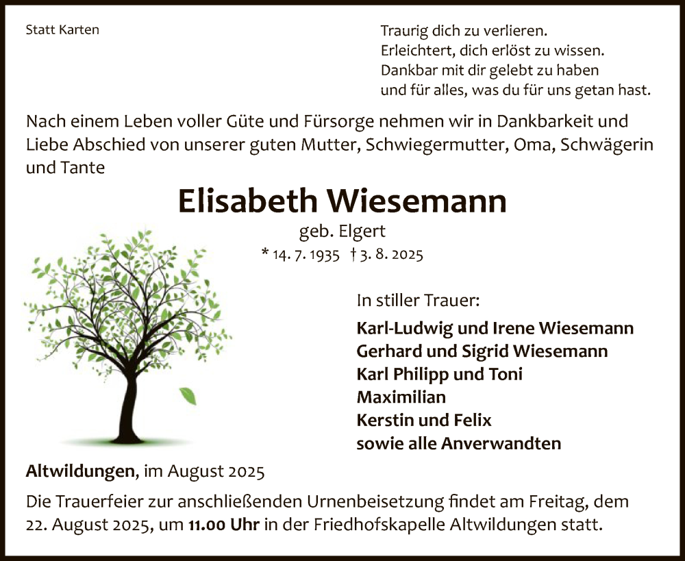  Traueranzeige für Elisabeth Wiesemann vom 16.08.2025 aus WLZ