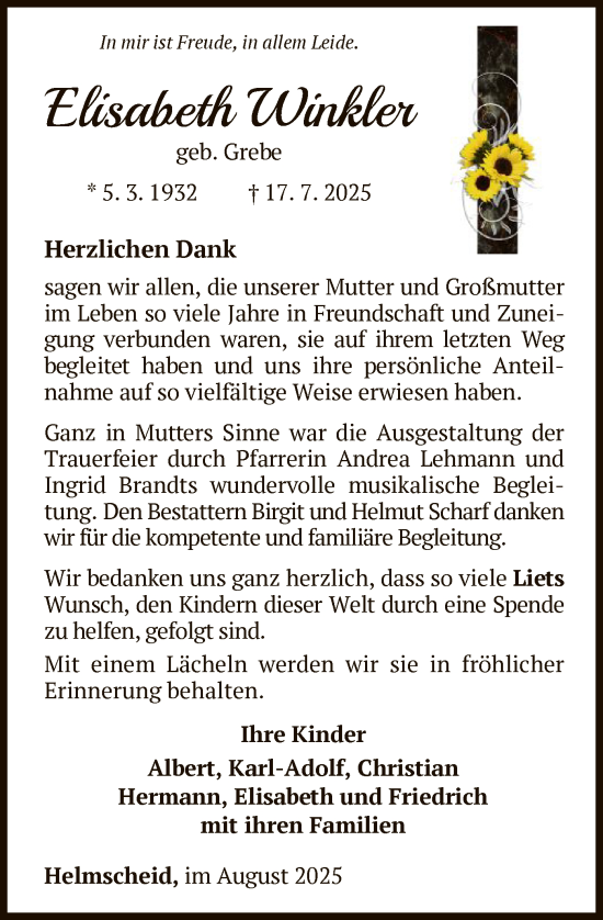 Traueranzeige von Elisabeth Winkler von WLZ
