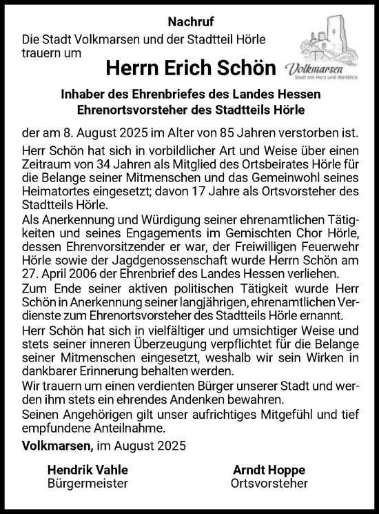 Traueranzeige von Erich Schön von WLZ