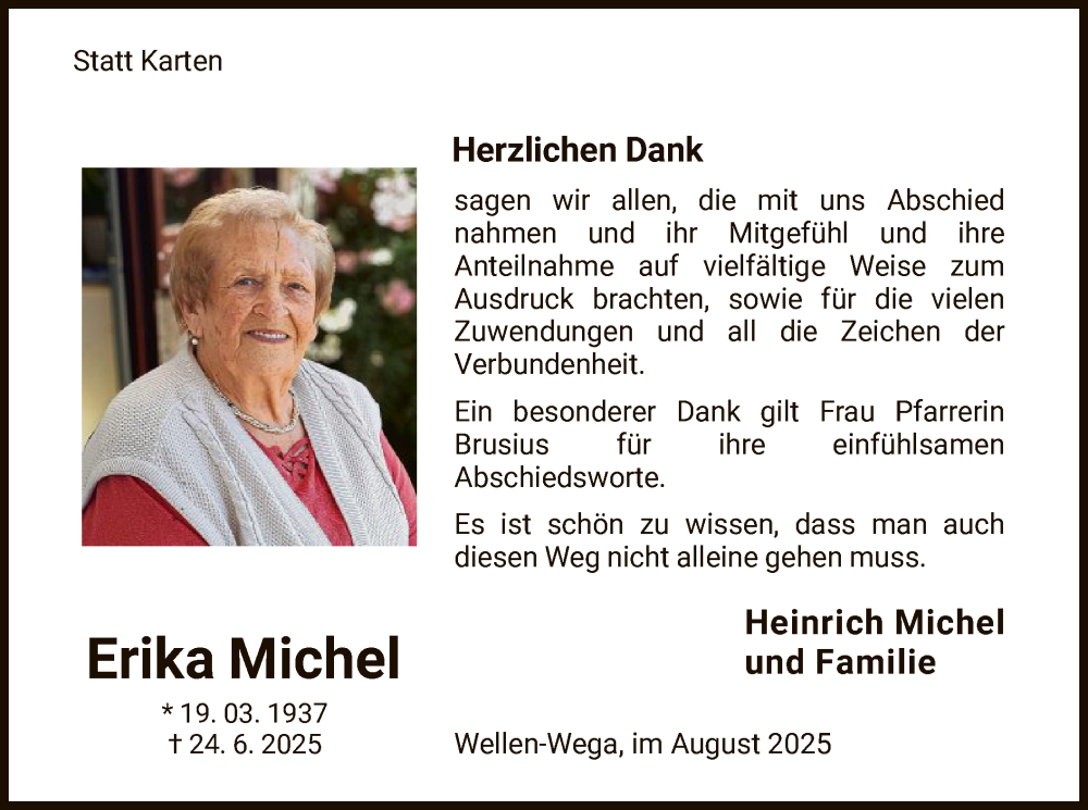  Traueranzeige für Erika Michel vom 30.08.2025 aus WLZHNA