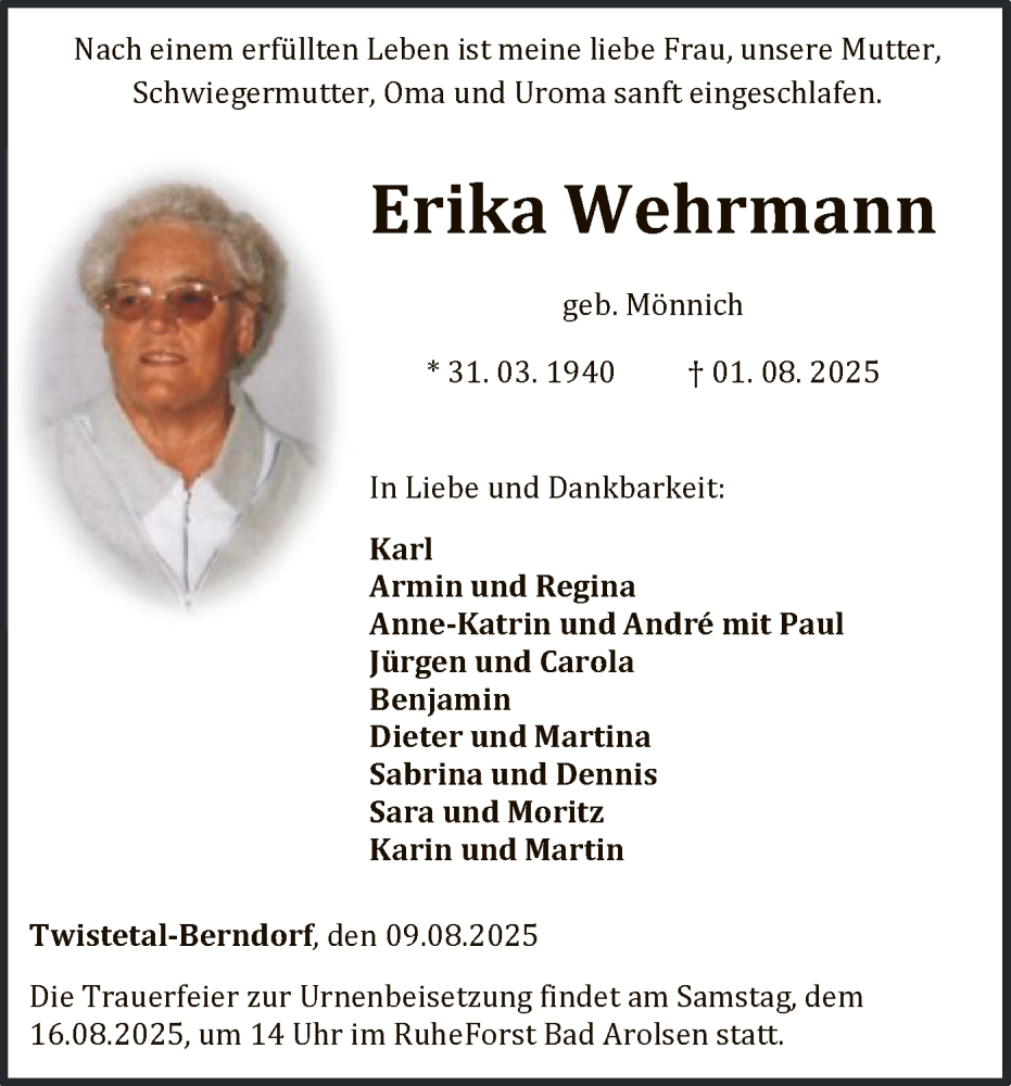  Traueranzeige für Erika Wehrmann vom 09.08.2025 aus WLZ