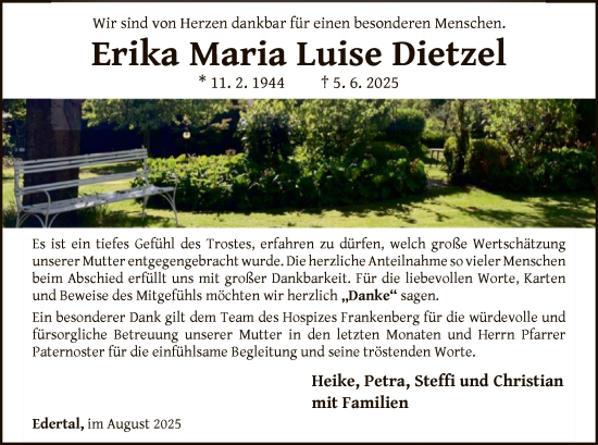 Traueranzeige von Erika Maria Luise Dietzel von WLZ