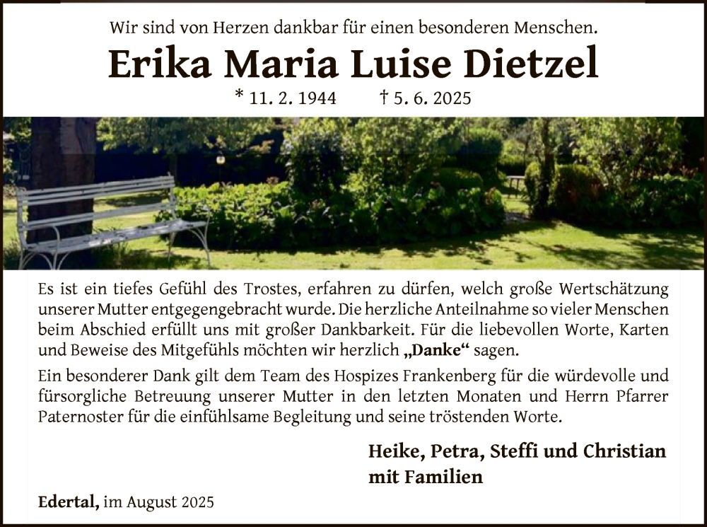  Traueranzeige für Erika Maria Luise Dietzel vom 02.08.2025 aus WLZ
