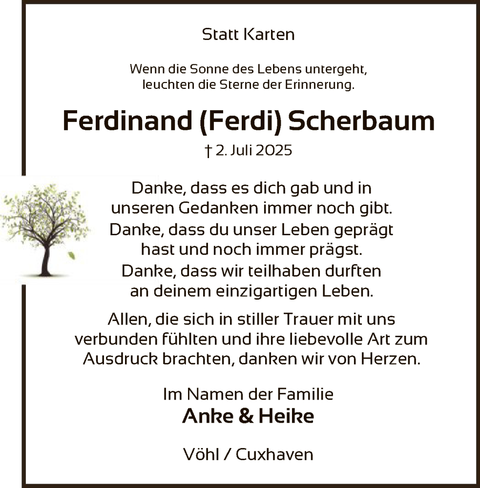  Traueranzeige für Ferdinand Scherbaum vom 09.08.2025 aus WLZ