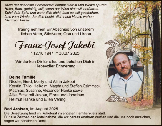 Traueranzeige von Franz-Josef Jakobi von WLZ