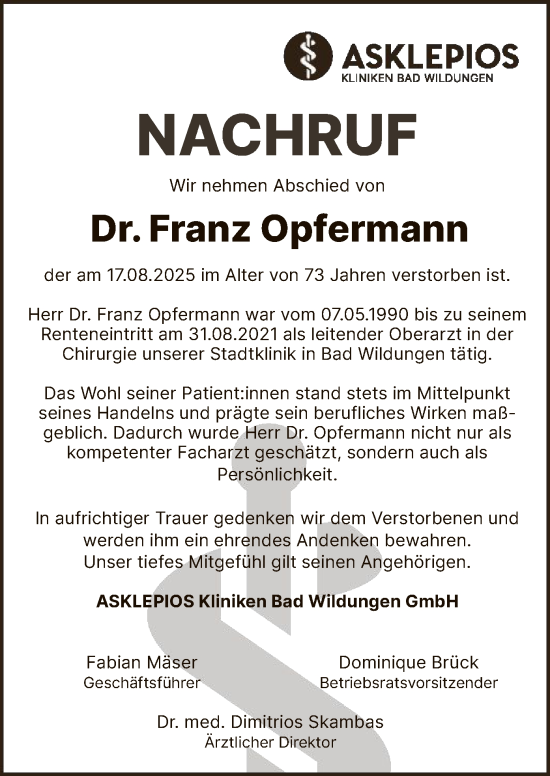 Traueranzeige von Franz Opfermann von WLZ