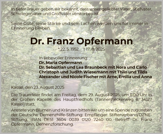 Traueranzeige von Franz Opfermann von WLZ