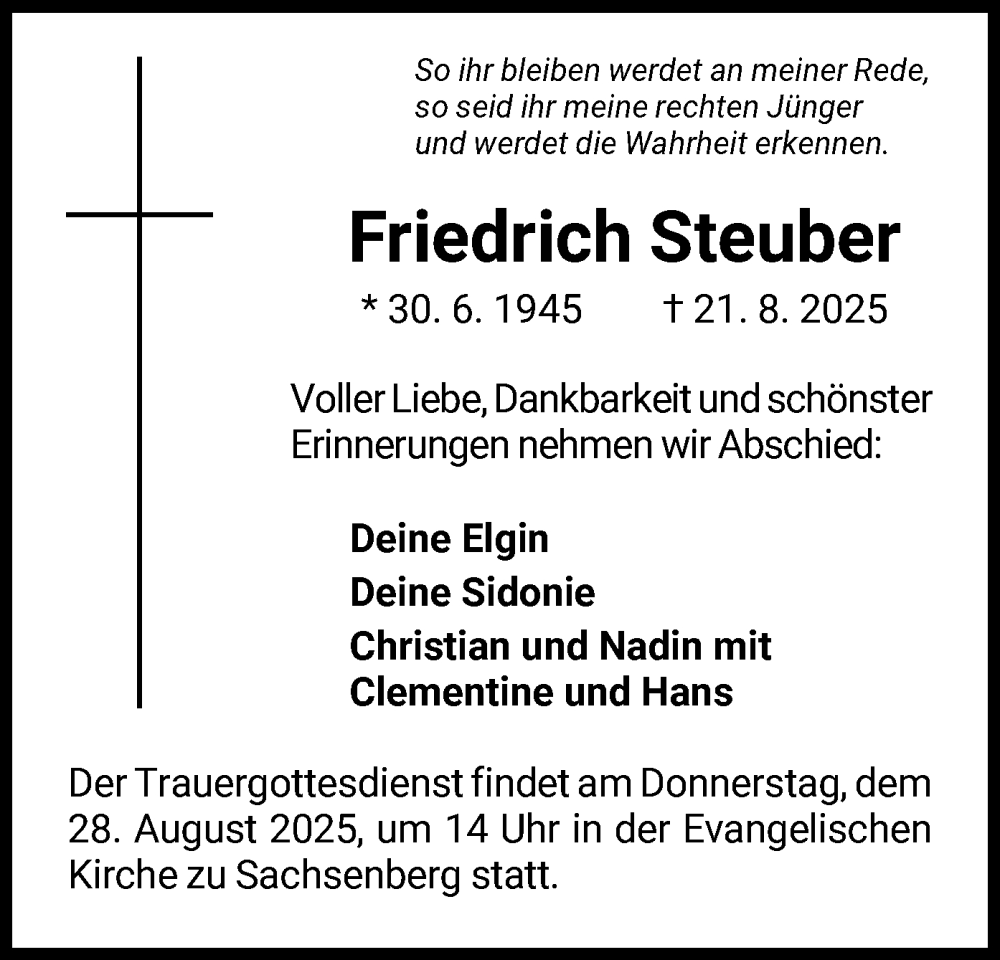  Traueranzeige für Friedrich Steuber vom 26.08.2025 aus WLZ