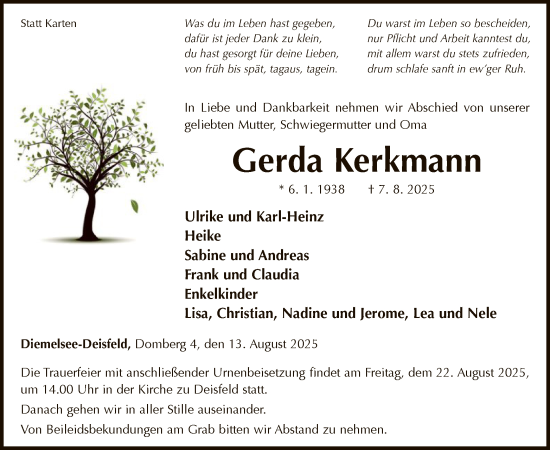 Traueranzeige von Gerda Kerkmann von WLZ