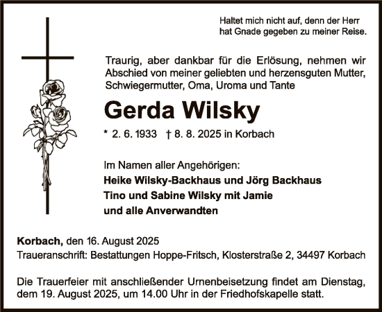 Traueranzeige von Gerda Wilsky von WLZ