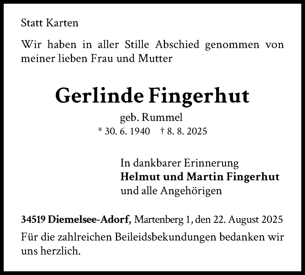  Traueranzeige für Gerlinde Fingerhut vom 22.08.2025 aus WLZ