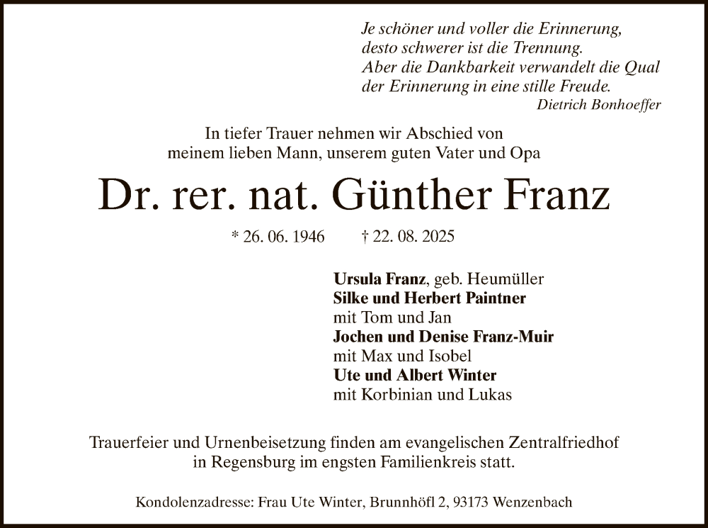  Traueranzeige für Günther Franz vom 30.08.2025 aus WLZ