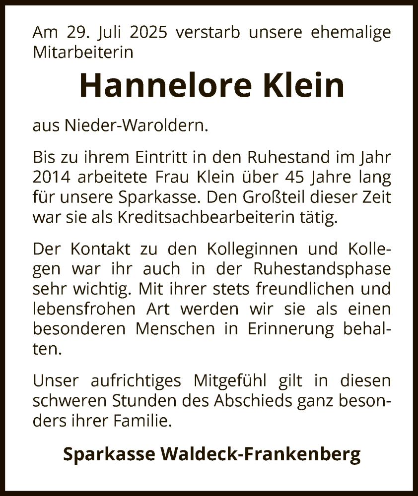  Traueranzeige für Hannelore Klein vom 09.08.2025 aus WLZ