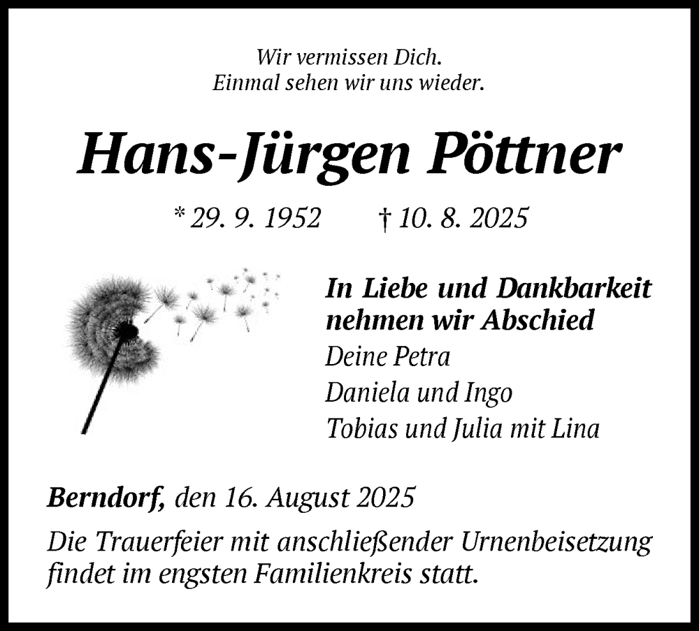  Traueranzeige für Hans-Jürgen Pöttner vom 16.08.2025 aus WLZ