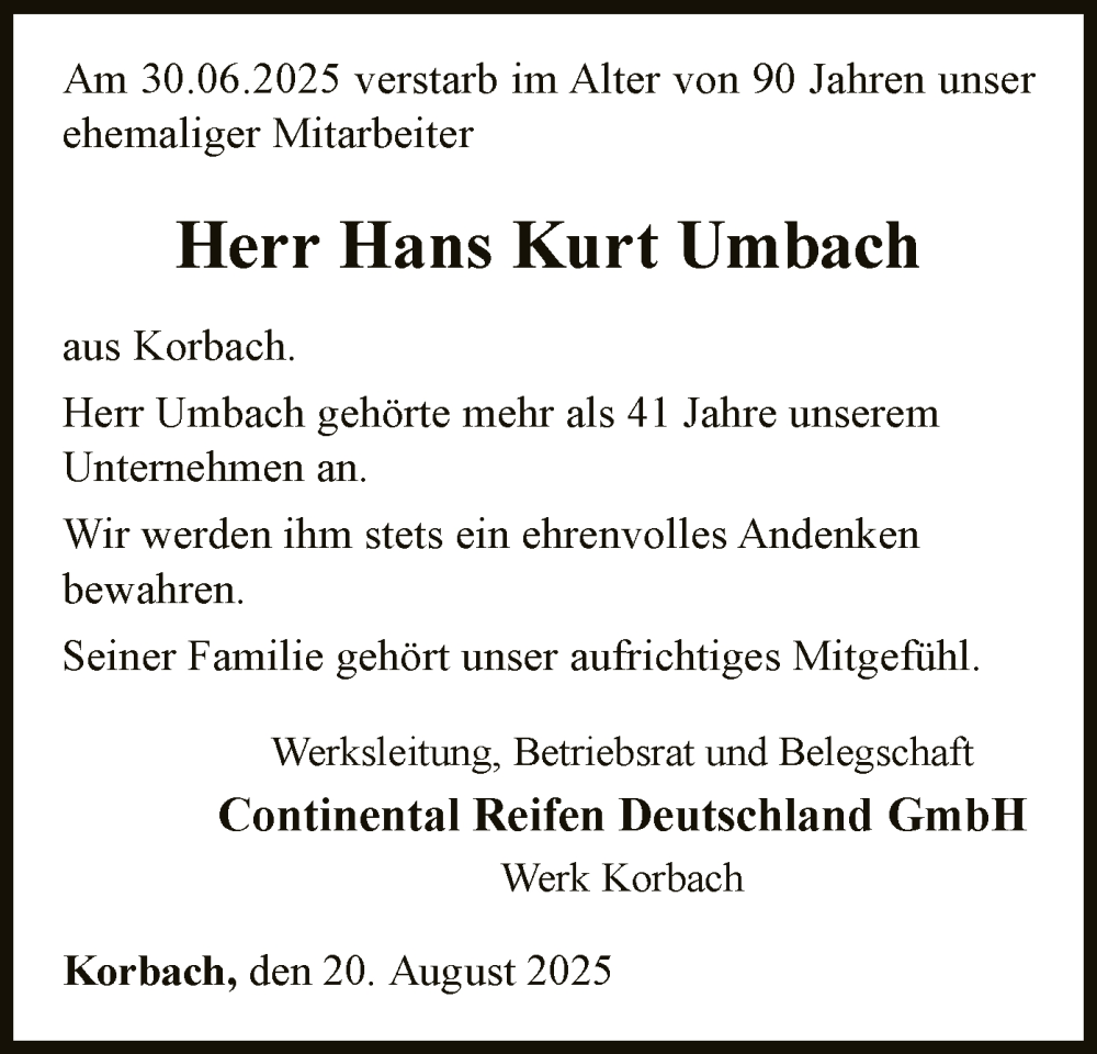  Traueranzeige für Hans Kurt Umbach vom 20.08.2025 aus WLZ
