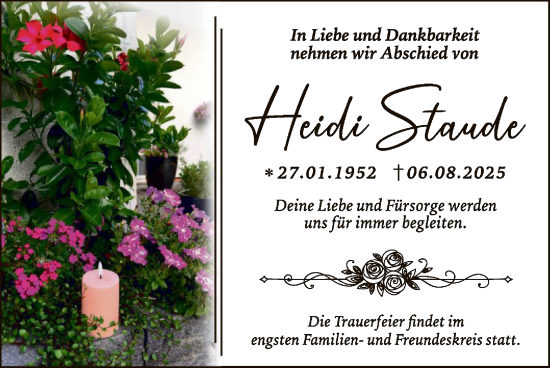 Traueranzeige von Heidi Staude von WLZ