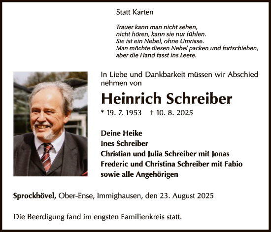 Traueranzeige von Heinrich Schreiber von WLZ