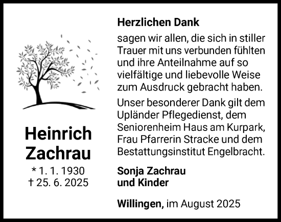 Traueranzeige von Heinrich Zachrau von WLZ