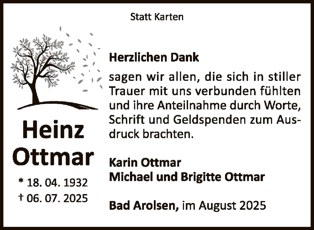 Traueranzeige für Heinz Ottmar vom 30.08.2025 aus WLZ