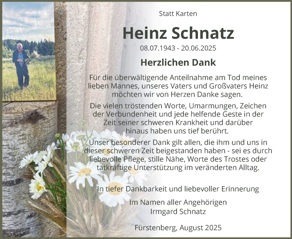  Traueranzeige für Heinz Schnatz vom 30.08.2025 aus WLZ
