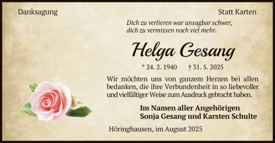 Traueranzeige von Helga Gesang von WLZ