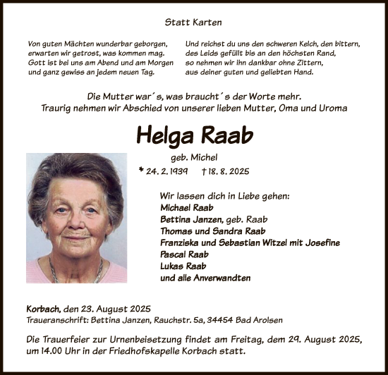 Traueranzeige von Helga Raab von WLZ