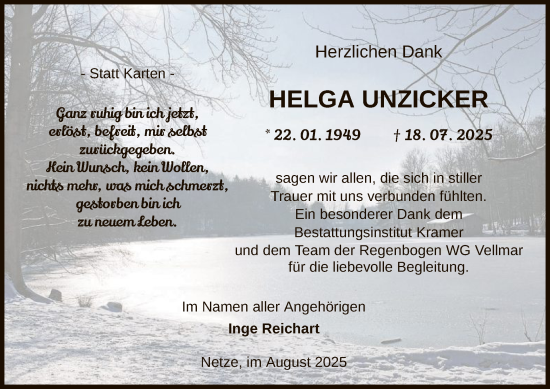 Traueranzeige von Helga Unzicker von WLZ