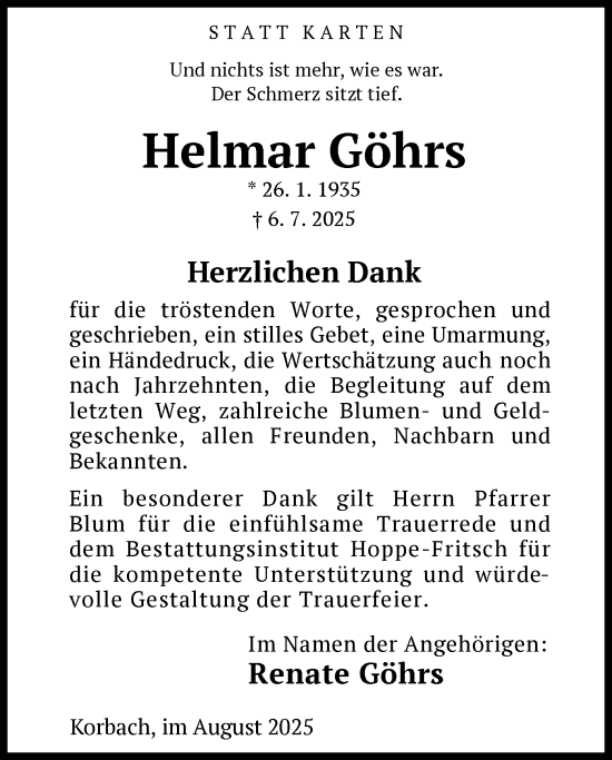 Traueranzeige von Helmar Göhrs von WLZ