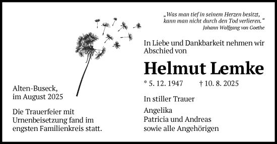 Traueranzeige von Helmut Lemke von WLZ
