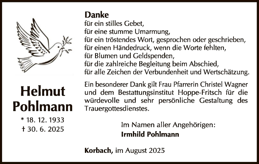  Traueranzeige für Helmut Pohlmann vom 16.08.2025 aus WLZ