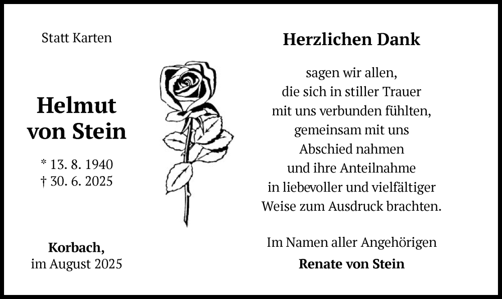  Traueranzeige für Helmut von Stein vom 09.08.2025 aus WLZ