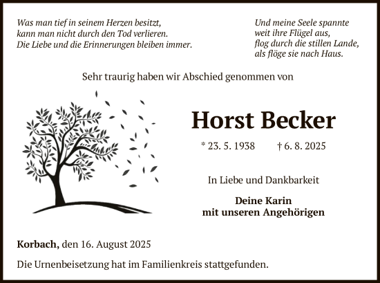 Traueranzeige von Horst Becker von WLZ