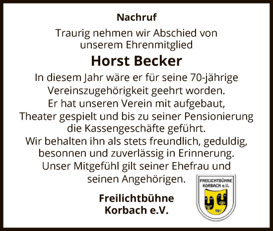Traueranzeige von Horst Becker von WLZ