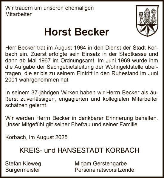 Traueranzeige von Horst Becker von WLZ