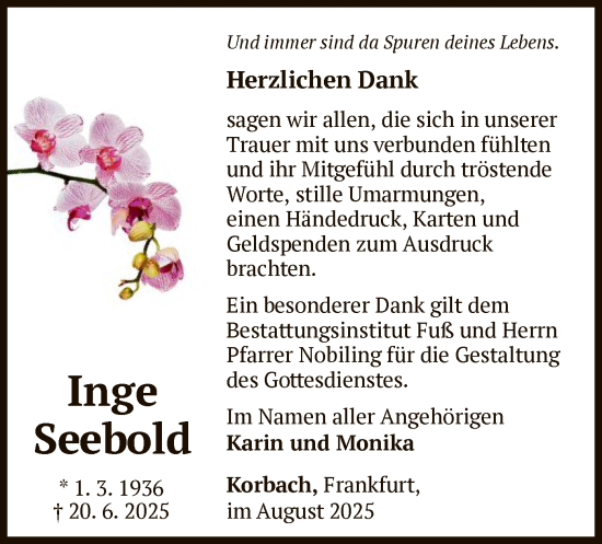 Traueranzeige von Inge Seebold von WLZ