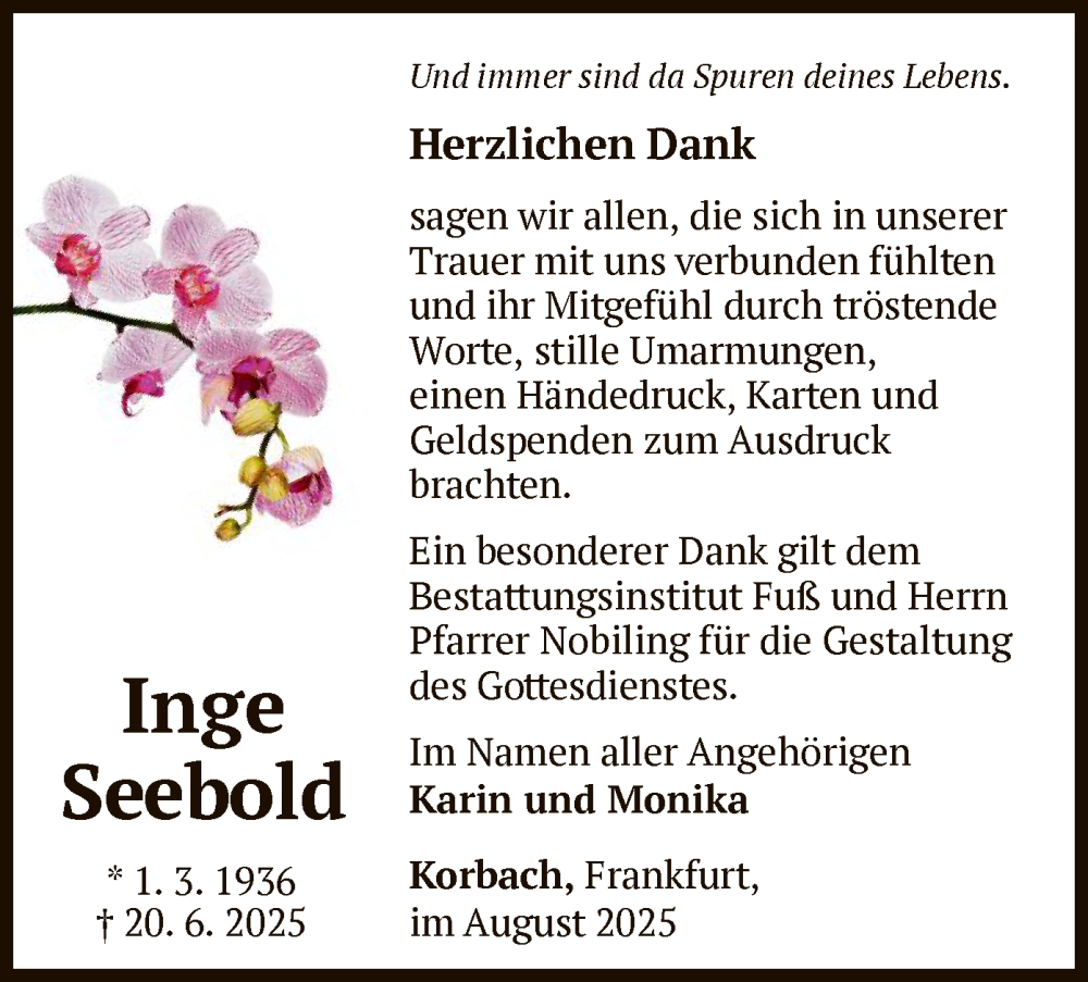  Traueranzeige für Inge Seebold vom 09.08.2025 aus WLZ
